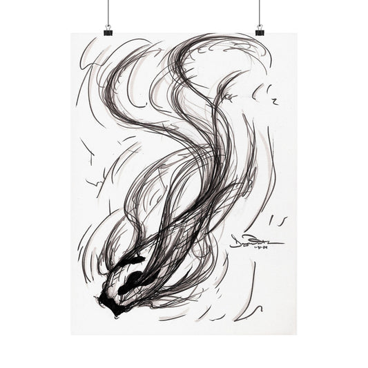Smokey Ink Koi Sketch Matte Vertical Poster | Minimal Line Art | Flowing Abstract Brushstrokes