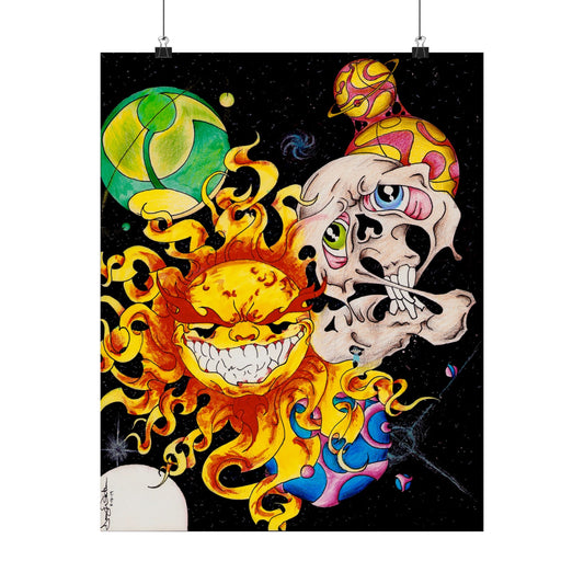 Psychedelic Sun & Skull Poster Matte Vertical Print | Space Art