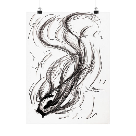 Smokey Ink Koi Sketch Matte Vertical Poster | Minimal Line Art | Flowing Abstract Brushstrokes