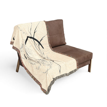 At Ease Koi Woven Blanket | Minimalist Line Art Throw | Flowing Crescent & Koi
