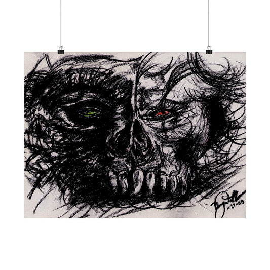 Stoic Skull Sketch Posters | Matte Horizontal Horror Art | Dark Charcoal Drawing