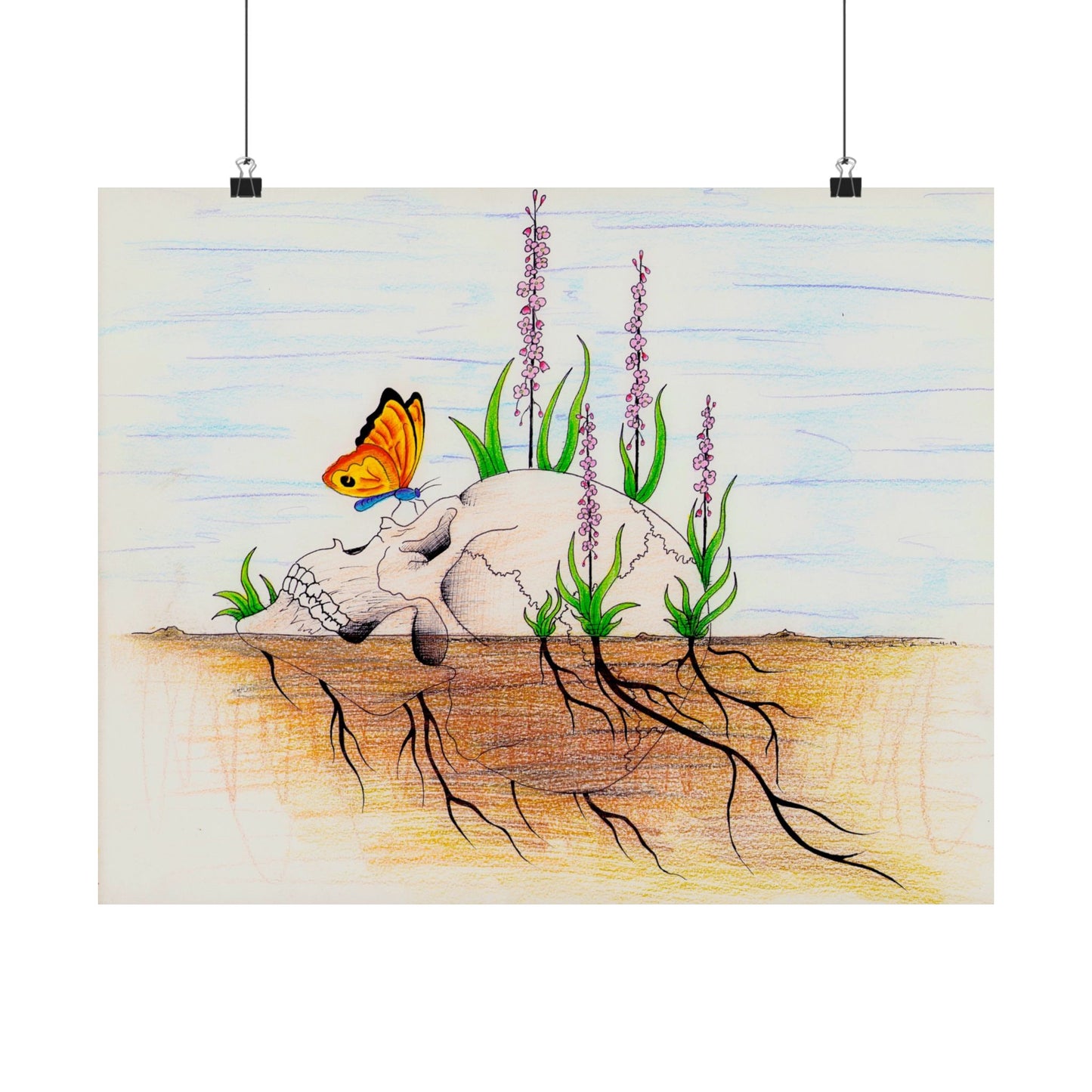 Skull with Butterfly and Wildflowers Poster | Matte Horizontal Art Print