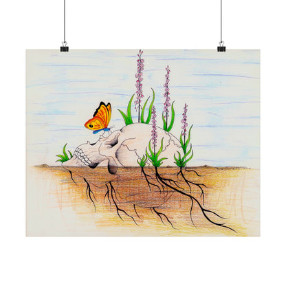 Skull with Butterfly and Wildflowers Poster | Matte Horizontal Art Print