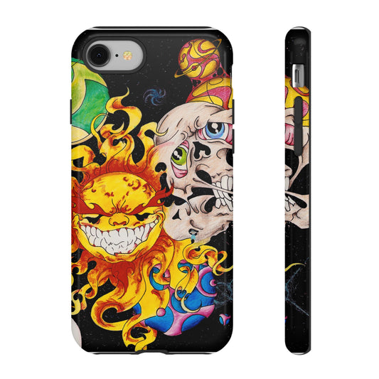 Psychedelic Sun & Skull phone case | Colorful psychedelic skulls & flame art
