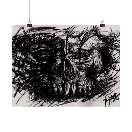 Stoic Skull Sketch Posters | Matte Horizontal Horror Art | Dark Charcoal Drawing