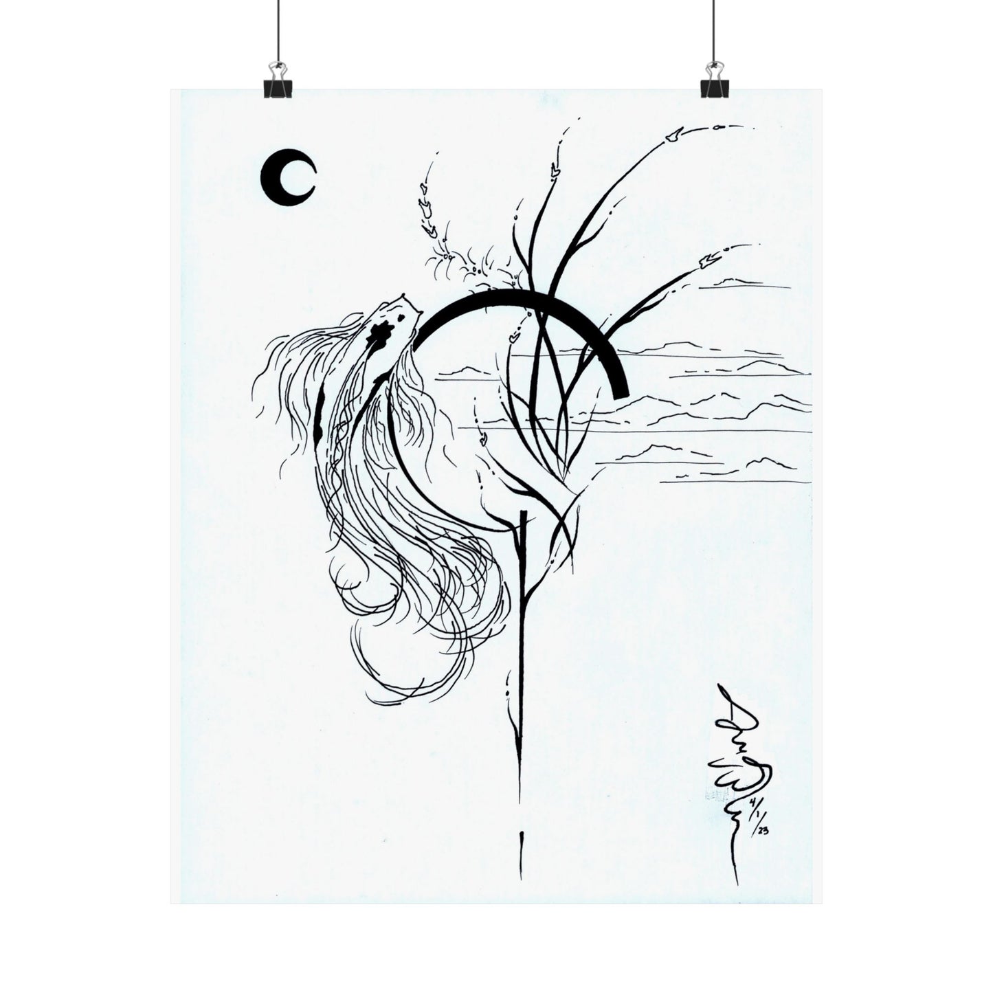 At Ease Koi Illustration Matte Vertical Poster | Minimal Black Line Art