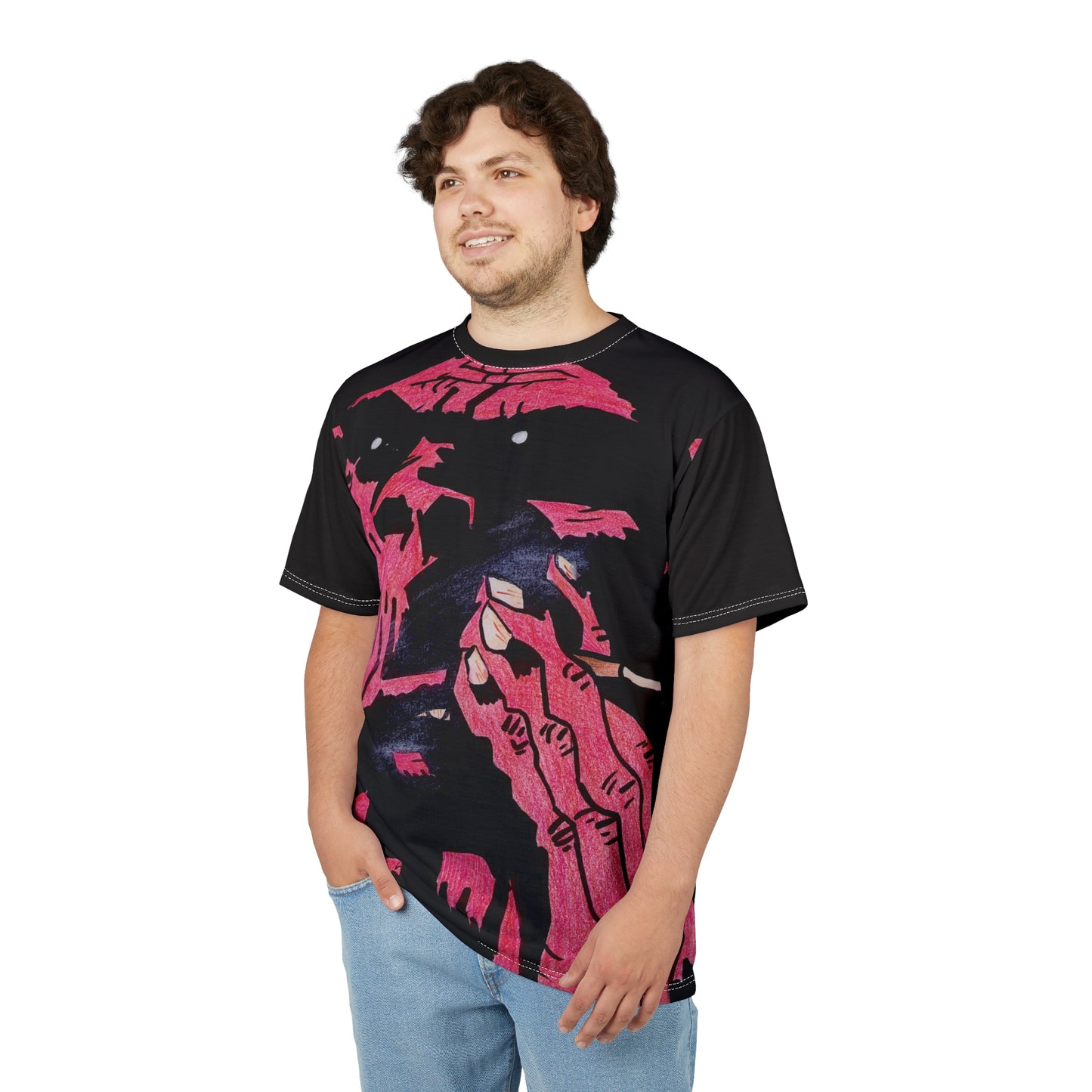 Smoking Ape Illustration Tee | Neon Red Graphic Full Print