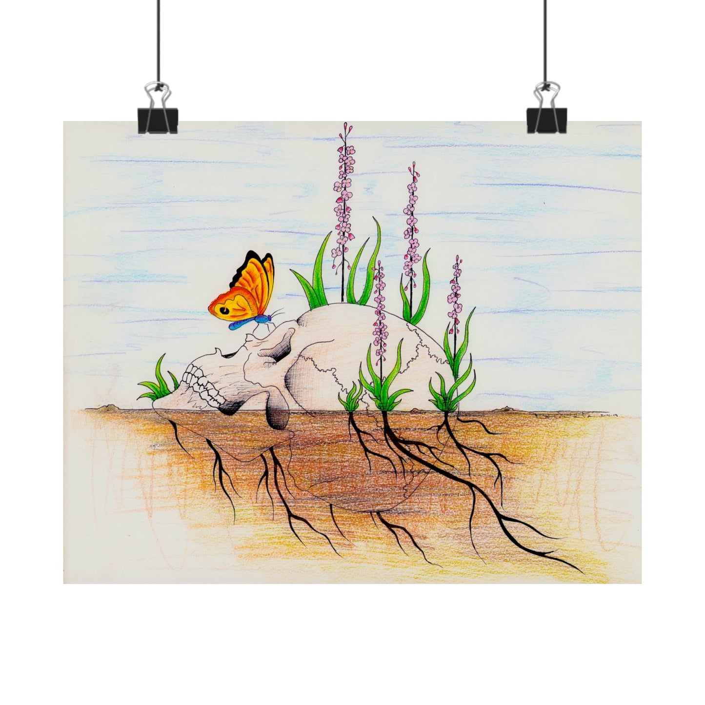 Skull with Butterfly and Wildflowers Poster | Matte Horizontal Art Print