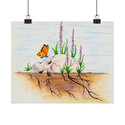Skull with Butterfly and Wildflowers Poster | Matte Horizontal Art Print